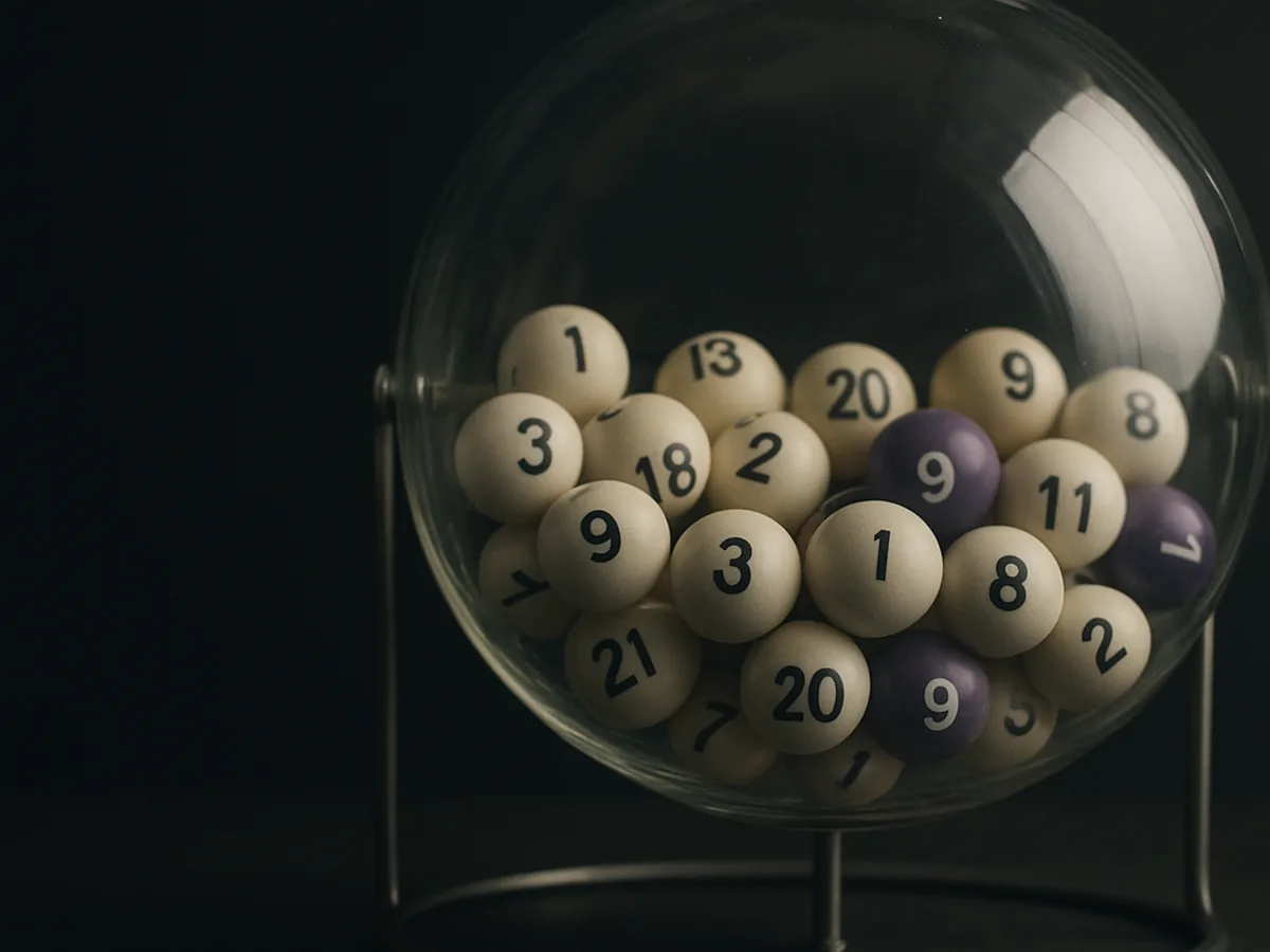 Glass drum with numbered balls on a dark desk