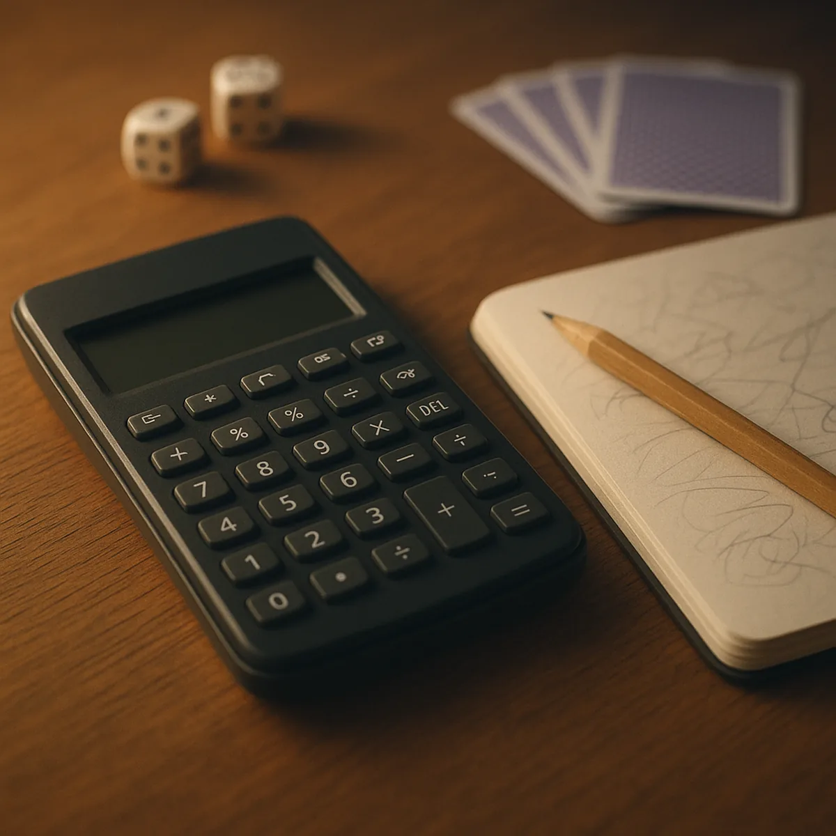 Calculator and notebook on a desk with dice and cards out of focus